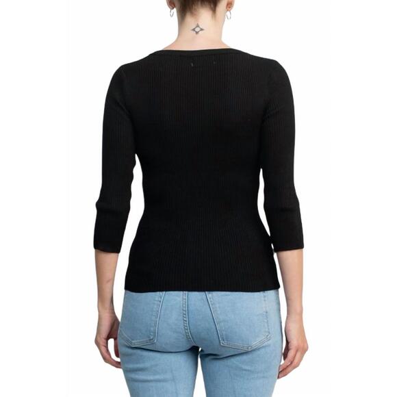 NEW CARMEN MARC VALVO boat neck cutout front 3/4 sleeve ribbed pullover knit top - Picture 2 of 4